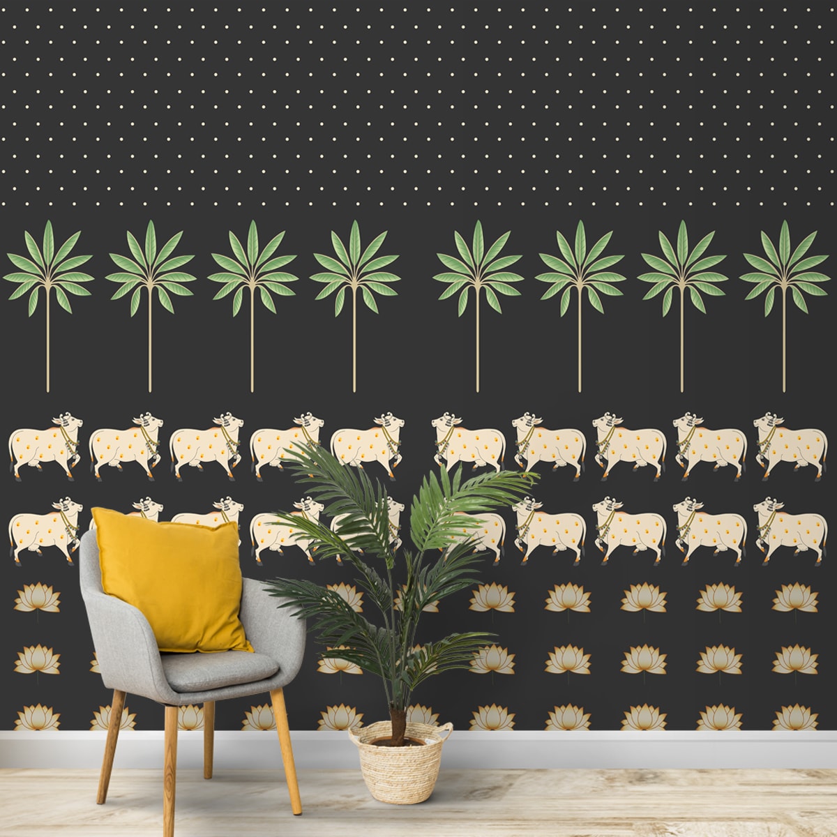 A close-up of aPichwai Cow Painting Inspired Wallpaper for Walls, Customised Indrani Series Soft Feel Tropical Design (Customised Size Wallpaper )available at Material Depot in Bangalore